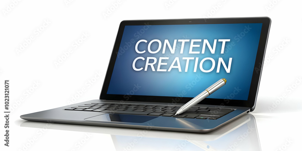 Poster floating laptop and pen in sleek vector design with content creation text | isolated on white backgr