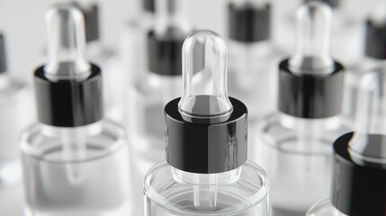Close-up of serum bottles with droppers, clear bottles on a white background, showcasing a clean and simple design.