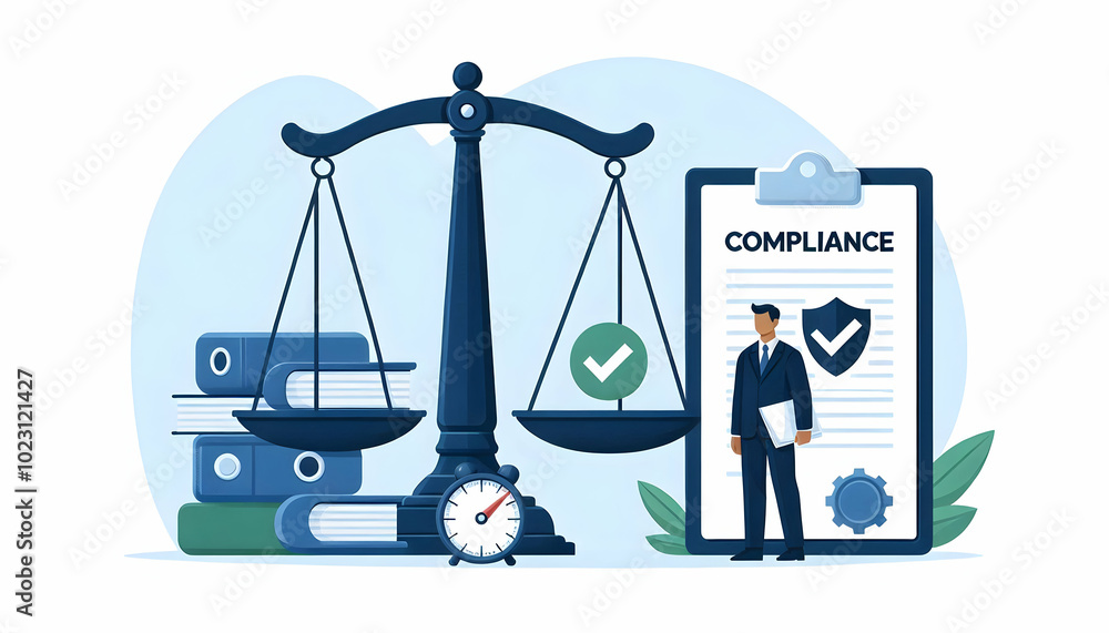 Poster flat vector design of isolated balance scale and document representing compliance in business: a sma