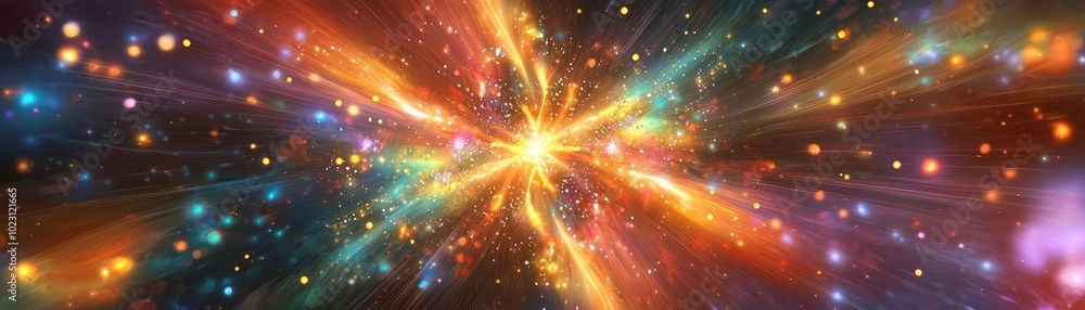 Poster vibrant cosmic explosion with colorful stars and light beams, creating a mesmerizing deep space effe