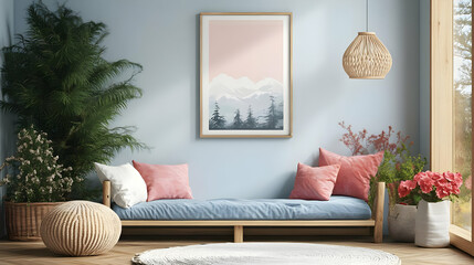 Cozy interior with a daybed, plants, and mountain artwork.