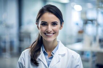 Young female scientist wears white lab coat, smiling at camera in laboratory setting. Dark hair, blue shirt, pro attire. Blurred background emphasizes presence, neutral gray tones create