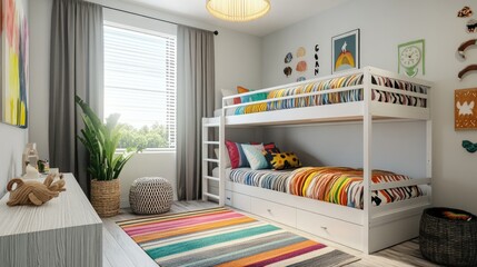 Cozy kids' bedroom with bunk beds, colorful blankets, and decorative pillows, cheerful decor.