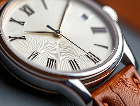Elegant close-up of a luxury wristwatch featuring a classic design and Roman numerals on a stylish leather strap.
