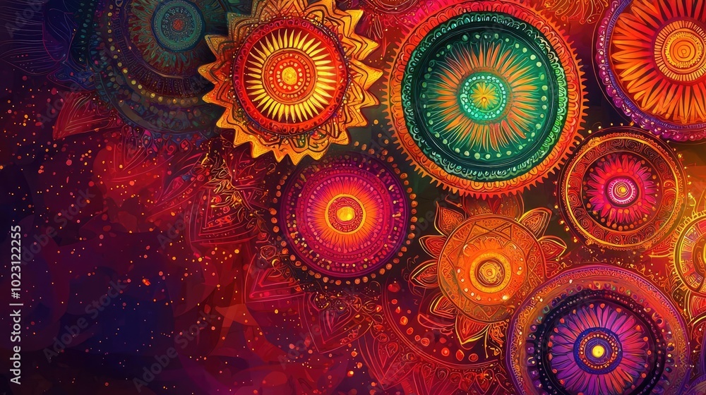 Poster vibrant and colorful pattern featuring decorative circular designs, perfect for creative projects an