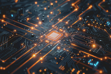 Abstract circuit board futuristic technology processing background.