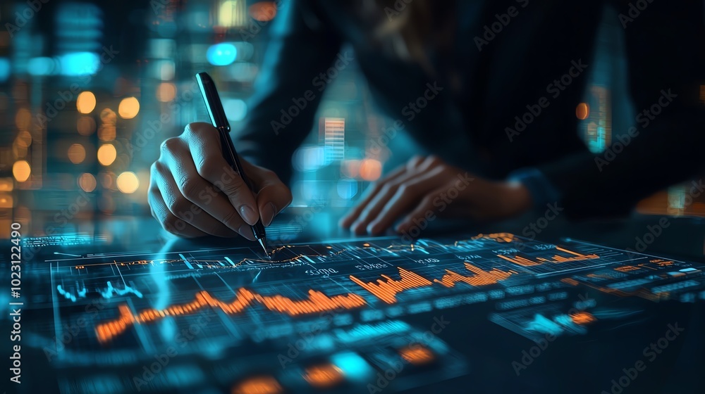 Aufkleber a focused individual analyzing data trends on a transparent digital screen, highlighting statistics 