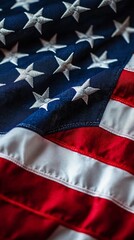 American flag with space for text, soft lighting, clean and professional design, patriotic, elegant folds of the flag, vivid and bold colors, perfect for posters or presentations