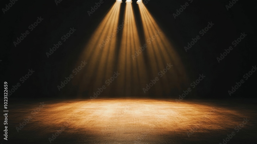 Poster elegant golden spotlight illuminating a dark stage with soft radiant beams spreading outwards creati