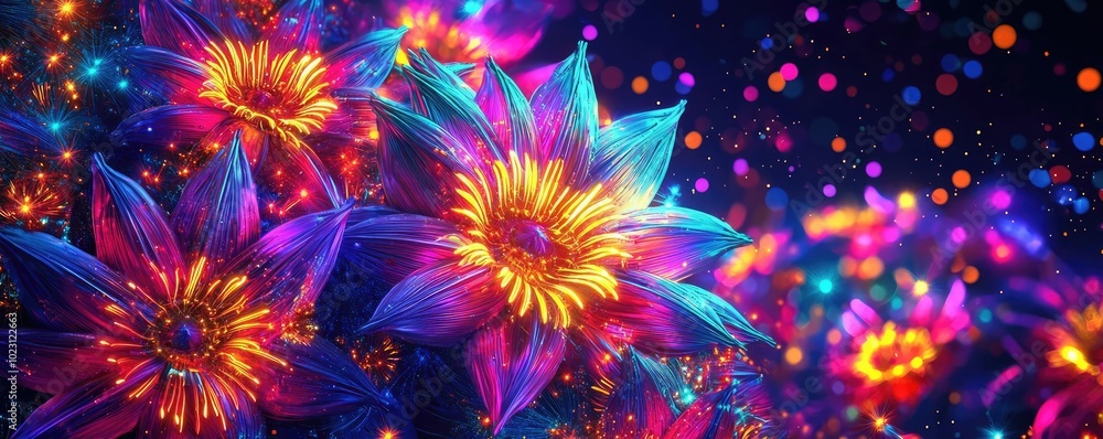 Poster vibrant and colorful flowers illuminated by glowing lights on a dark background, creating a magical 