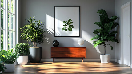 Bright room with plants and modern decor, creating a serene atmosphere.