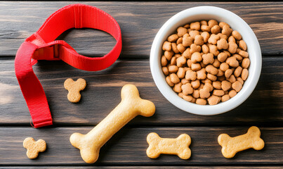 Fototapeta premium A red dog collar, bone-shaped dog treats, and a bowl of kibble on a wooden background.