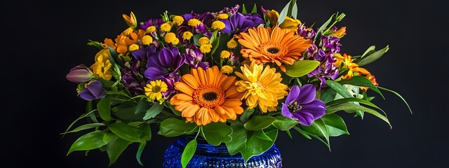 Obraz premium A vibrant bouquet of colorful flowers in an elegant blue glass vase, with bright orange and purple blossoms, green leaves, and yellow daisies