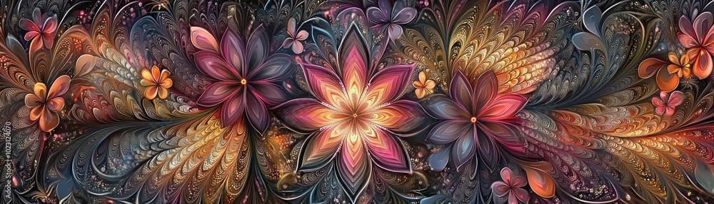 Poster a vibrant floral pattern featuring colorful blossoms and intricate swirls, perfect for adding elegan