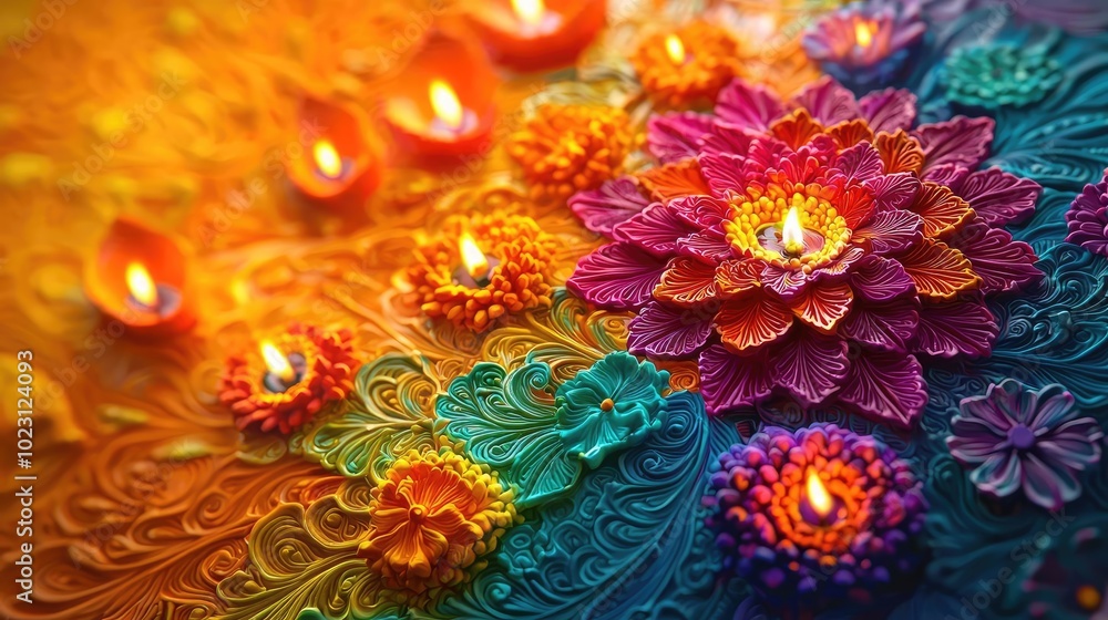 Poster vibrant floral design with candles, showcasing intricate patterns and bright colors, creating a sere