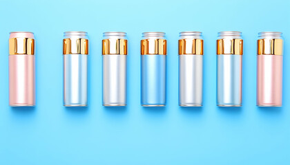 A row of six different colored cosmetic bottles with gold caps on a blue background.