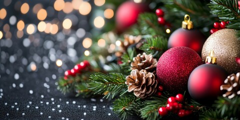 Festive holiday decorations with red and gold ornaments and pinecones on a blurred background.