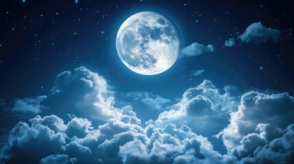 Full moon peeking through wispy clouds, serene night sky, soft light reflecting.