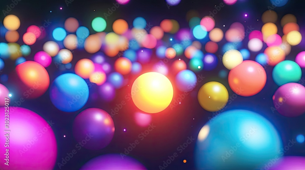 Poster colorful spheres float in a dreamy space, creating a vibrant and enchanting atmosphere of light and 