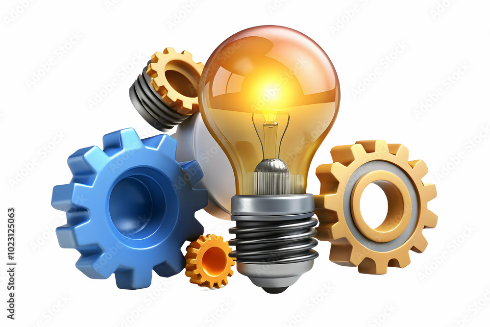 Poster sleek vector design of floating light bulb & gears with 'creative process' text - innovative marketi