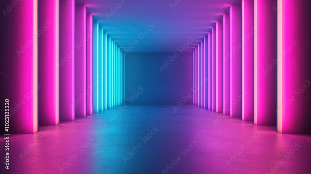 Poster mesmerizing geometric light tunnel with cool blue and purple tones creating a futuristic minimalist 