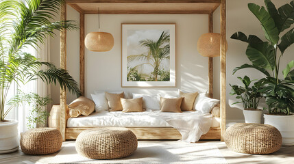 Cozy, natural living space with plants and earthy decor.
