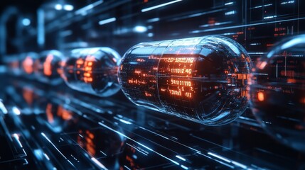 Fototapeta premium Capsules with a mirrored surface reflecting digital data streams, futuristic medical icons, and a sleek, ultra-clean lab background
