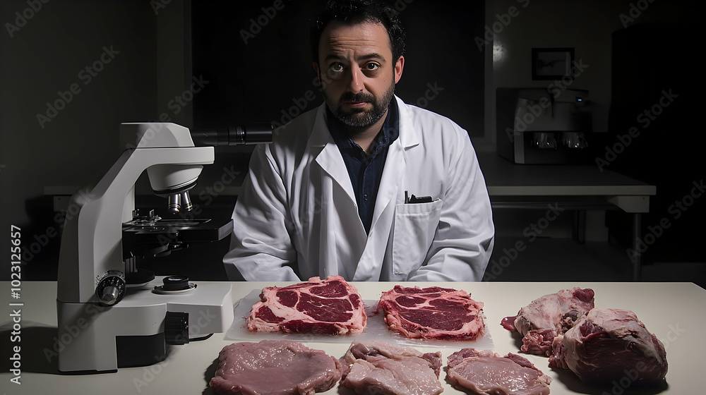Poster a scientist in a lab coat sits at a table with a microscope and pieces of raw meat.
