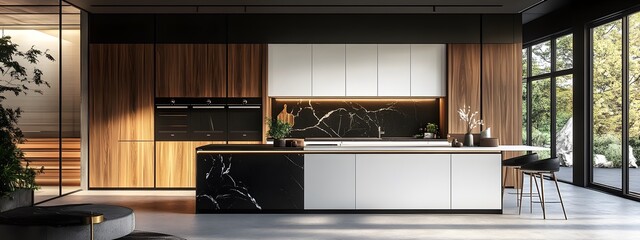 A modern kitchen with marble and wood accents, featuring an island with black metal legs and white cabinetry. The background is a pencil sketch of the same room