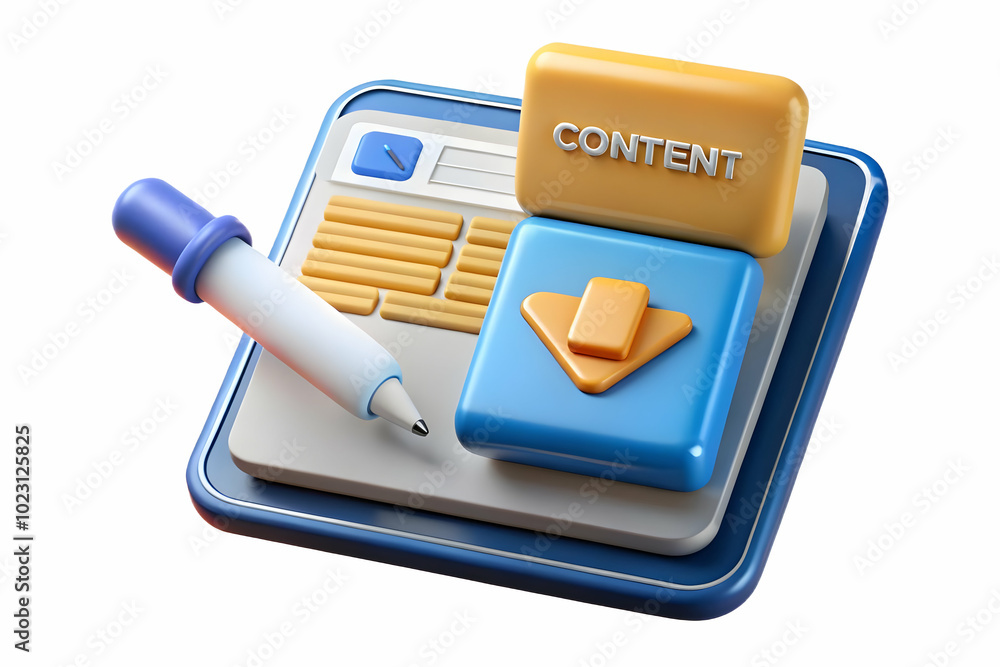 Poster 3d floating laptop and pen icon with content creation concept - sleek vector design isolated on whit