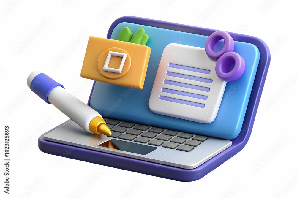 Aufkleber 3d floating laptop and pen icon with content creation concept: sleek vector design isolated on white