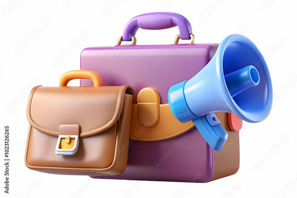 Aufkleber 3d floating briefcase and megaphone with 'marketing strategy' text concept - dynamic vector illustra