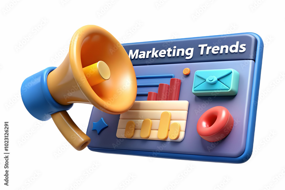 Poster 3d floating megaphone and chart with marketing trends - dynamic vector illustration isolated on whit