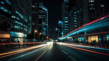 Obraz premium Abstract Light Trails of City Traffic: Long-Exposure Shot Capturing Vibrant Motion at Night