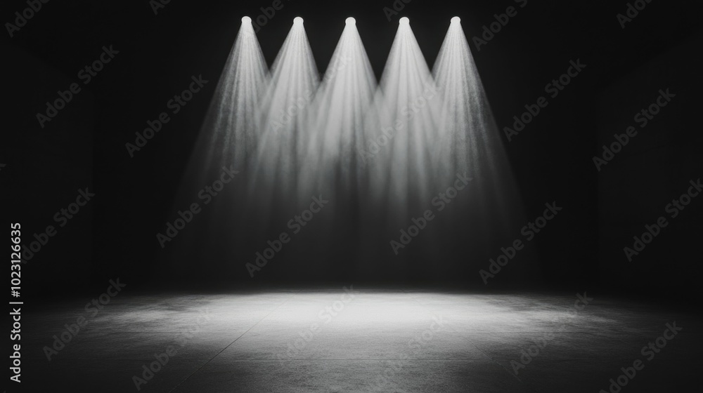 Poster dramatic stage spotlights creating distinct geometric shapes and patterns on the dark background wit