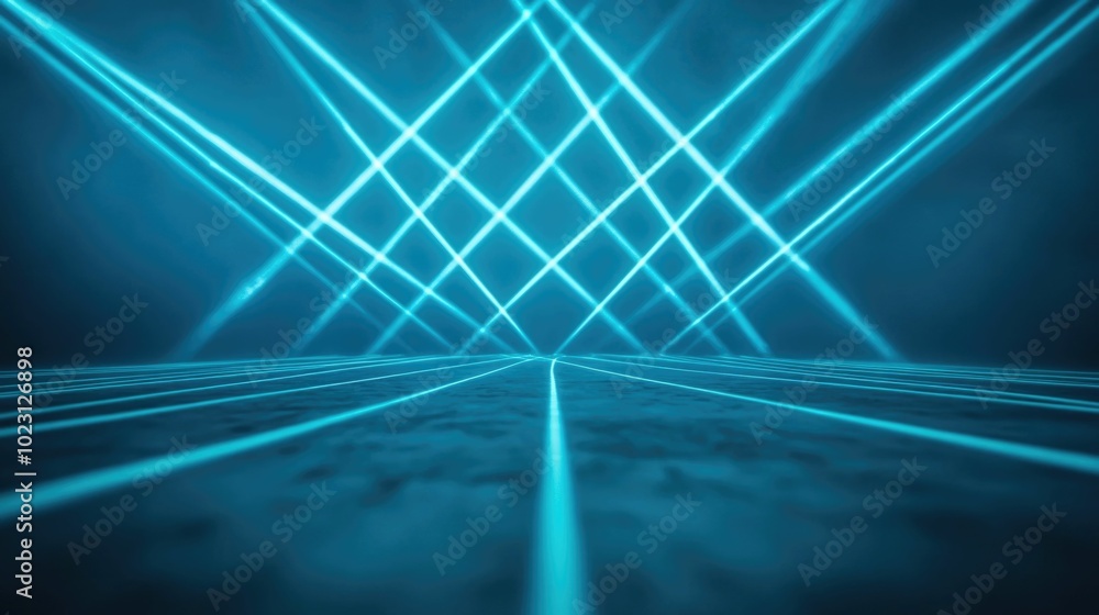 Poster interlocking laser lights forming futuristic blue and white stage design abstract background with ge