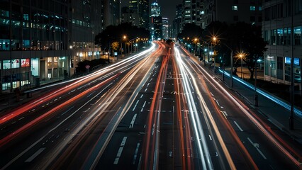 Abstract Light Trails of City Traffic: Long-Exposure Shot Capturing Vibrant Motion at Night