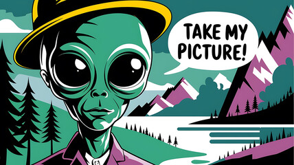 Green alien with a yellow hat in a mountain landscape, a fun and quirky illustration for social media and advertising. 
