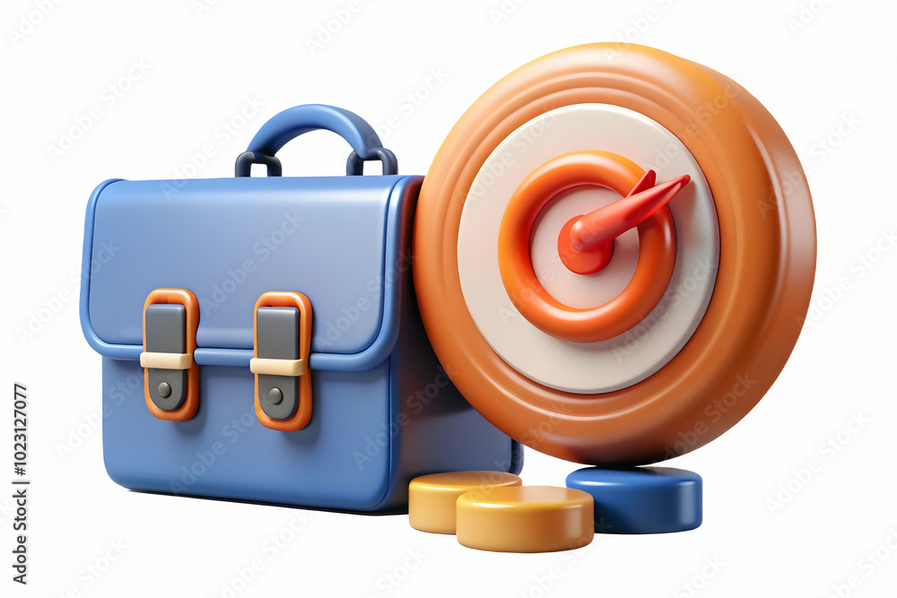 Poster sleek vector illustration of a floating briefcase and target with goal achievement text - isolated d