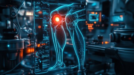 Glowing neon hologram of a knee joint showing real-time damage repair, futuristic medical equipment in the background, Sci-fi, Neon, Electric Blue, Medical Hologram