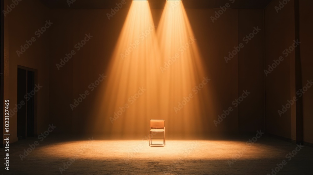 Poster soft diffuse spotlight illuminates a minimal stage setup creating a warm golden toned atmosphere wit