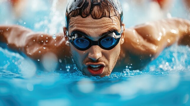 Intense swimmer competing in a race, focused and streamlined, showcasing athleticism and determination in the water.