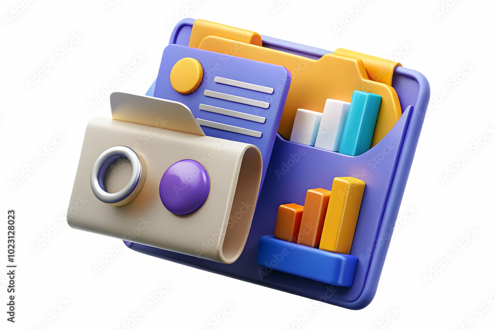 Aufkleber 3d glossy presentation folder with marketing proposals and graphics concept - high angle shot on pol