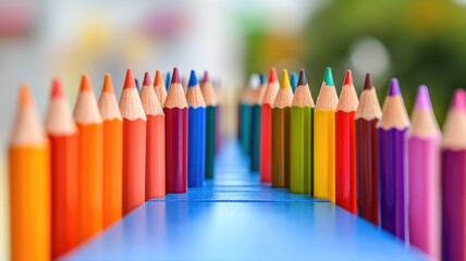 Colorful pencils arranged in row with blurred background Vibrant and sharp