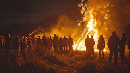 Silhouetted crowd gathered around a large bonfire on Guy Fawkes Night.