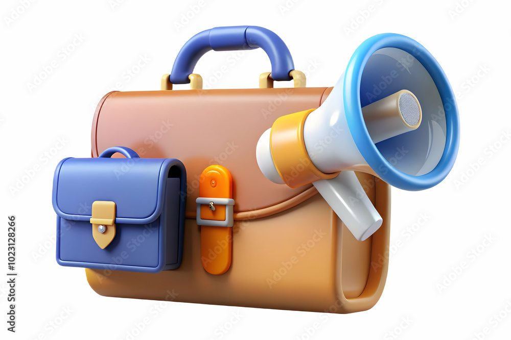 Poster dynamic vector illustration of flat floating briefcase and megaphone with marketing strategy text co