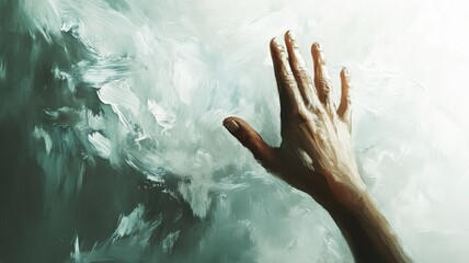 Hand reaching towards abstract cloudy background, conveying sense of longing Oil painting art