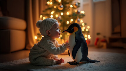 Baby sitting near Christmas tree petting a cute penguin. Interaction between human and animal concept. 