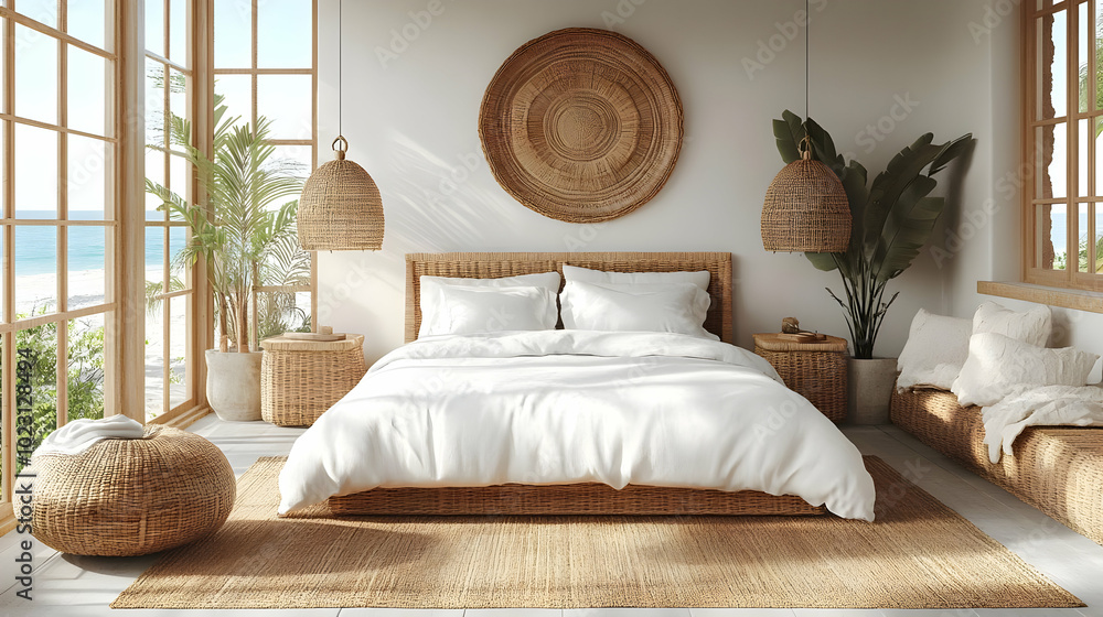 Poster A serene, modern bedroom featuring natural materials and light.