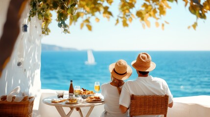 A couple seated at a seaside cafe, wearing sun hats and enjoying brunch, while gazing at the ocean, capturing a relaxed atmosphere and moments of leisure.